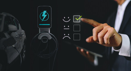 man touching the virtual screen on the happy Smiley face icon to give satisfaction in service. 5...