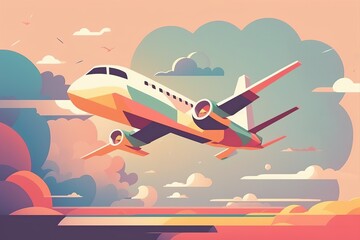 colorful minimalist illustration of an airplane flying over the sky, travel holiday concept in pastel colors