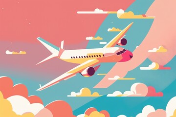 colorful minimalist illustration of an airplane flying over the sky, travel holiday concept in pastel colors