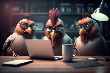 Angry rooster and two hens behind a laptop, office work concept. Generative AI