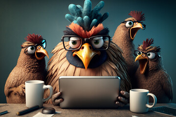 Angry rooster boss and three hens behind a laptop, office work concept. Generative AI