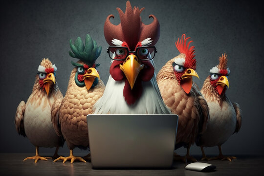 Angry rooster boss and four hens behind a laptop, office work concept. Generative AI