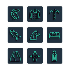 Set line Mountains, Kayak and paddle, Bottle of vodka, Pickaxe, Horse, Fish, Albatross and Norwegian wooden house icon. Vector