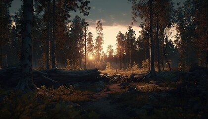 the sun is shining through the trees in the forest with fallen logs on the ground in the foreground and a trail in the foreground.  generative ai