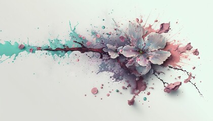  a flower is splattered on a white surface with blue and pink paint splatters on it and a green stem is splattered on the side.  generative ai