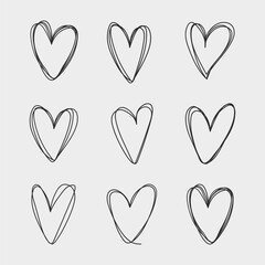 Set of hand drawn hearts. Handdrawn rough marker hearts isolated on white background. Vector illustration for your graphic design