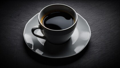  a cup of coffee on a saucer on a black table top with a shadow of the cup on the saucer and the saucer.  generative ai