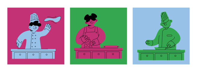 Fototapeta premium People cook food. Cute cartoon character. Hand drawn isolated Vector illustration. Restaurant, professional kitchen, cooking class of local food concept