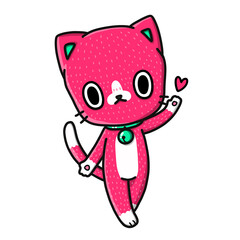 Pink cat standing waving heart with love. Funny cartoon cat hand drawn.