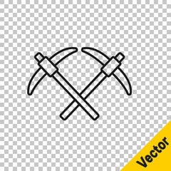 Black line Pickaxe icon isolated on transparent background. Vector