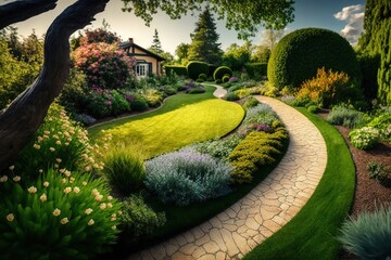 Private garden. edging with elegant flower beds beautiful gravel path. Cotswold Cottage Garden style landscape design. Generative ai