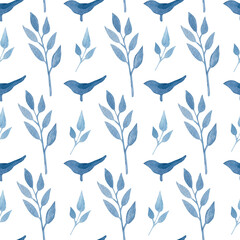 Watercolor seamless hand drawn botanical pattern with blue leaves of fantasy plants and silhouette of bird