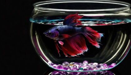Obraz na płótnie Canvas a red and blue fish in a bowl filled with water and rocks on a black background with a reflection of its head in the bowl. generative ai