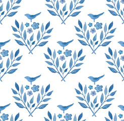 Watercolor seamless hand drawn botanical pattern with blue leaves of fantasy plants and flowers and silhouettes of bird