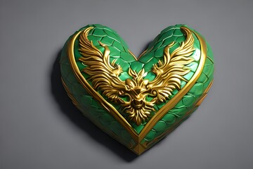 Green dragon styled heart with gold symbols concept AI Generated