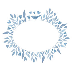 Watercolor oval frame of blue leaves and bellflowers and campanulas with a birdie silhouette and hearts. The wreath is perfect for invitations, valentine cards and other projects