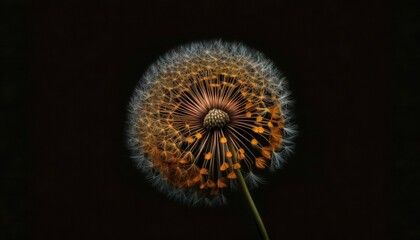  a dandelion flower with lots of seeds on it's head in a dark room with a black background and a black background.  generative ai