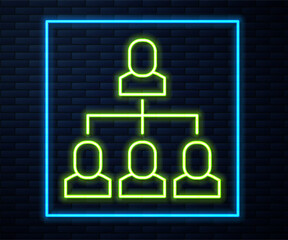 Glowing neon line Business hierarchy organogram chart infographics icon isolated on brick wall background. Corporate organizational structure graphic elements. Vector
