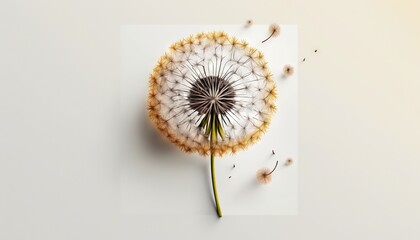  a dandelion flower with seeds on a white surface with a light reflection in the center of the dandelion, with a single flower in the center of the middle of the dandelion.  generative ai