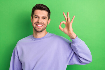 Photo of sweet good mood young guy dressed violet clothes showing okey sign isolated green color background