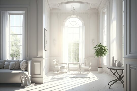 Minimal modern white clean room 3d render. There are white couch, plant pots and big pictures on walls. Large windows looking out to see nature. Generative AI