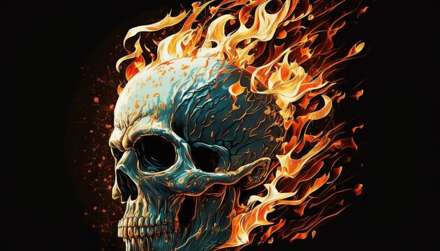  a skull with flames on its head on a black background with a black background and a black background with a black background and a white skull with red and orange flames.  generative ai