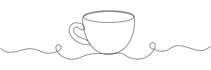 Cup continuous line drawing. Coffee or tea cup one line art. Vector isolated on white.