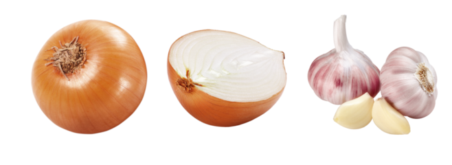 cebola inteira e cebola cortada e alhos 