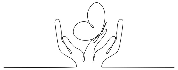 Hand hold butterfly flying continuous line art drawing. Vector isolated on white.