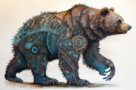 Biomechanical bear water color painting , created with Generative AI