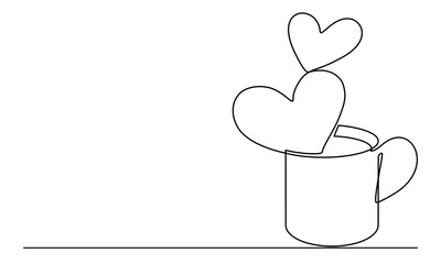 Сup and heart. Drawing by a continuous line. Declaration of love. Hot drink aroma.
