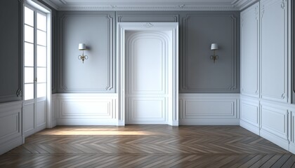  an empty room with a door and a lamp on the side of the room and a window in the middle of the room and a parqueted wood floor.  generative ai