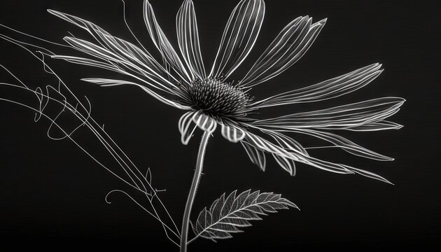  a black and white photo of a sunflower with a black background and a white outline of a flower with a stem in the foreground.  generative ai