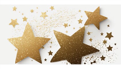  three gold stars against a white background with gold glitter stars in the middle of the image and a white background with gold glitter stars in the middle.  generative ai