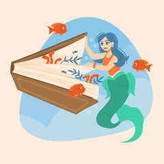 Open book of fairy tales with little mermaid