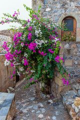 Obraz na płótnie Canvas Traditional architecture with narrow stone street and a colorfull bougainvillea in the medieval castle of Monemvasia, Lakonia, Peloponnese, Greece.