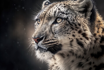 A dangerous snow leopard with a dark background. Portrait of the animal. Close up. Generative AI
