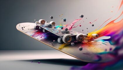  a skateboard with colorful paint splattered all over it's body and wheels on it's bottom half is upside down.  generative ai