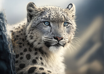 A dangerous snow leopard hiding behind the rock with a blurry background of rock. Animal on a hunt. Close up. Generative AI