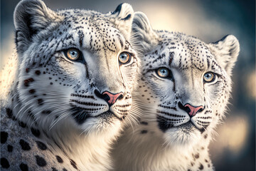 A couple of snow leopards sitting on a rock with a blurry background of rock. Portrait of the animals. Close up. Generative AI