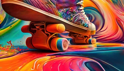 Poster  a skateboard with a colorful background and a pair of shoes on top of the skateboard with the skateboard in the foreground.  generative ai © Shanti