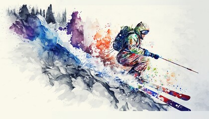 Fototapeta na wymiar a painting of a skier going down a mountain slope with trees in the background and watercolor splashes on the side of the painting. generative ai