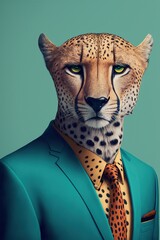 Portrait of cheetah with suit and spotted tie, on green, created using generative ai technology