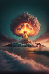 Image of sea landscape with nuclear explosion created using generative ai technology