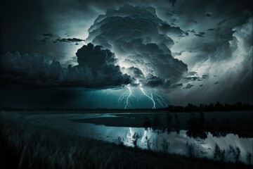 Landscape with storm, sky, clouds, lightning and river created using generative ai technology