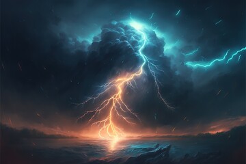Fototapeta na wymiar Landscape with storm, sky, clouds, lightning and sea created using generative ai technology
