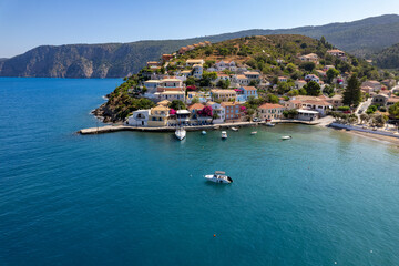 Fototapeta na wymiar aerial view of the beautiful Assos village in kefalonia island, ionian, west Greece.
