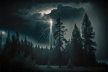 Landscape with storm, sky, clouds, lightning and forest created using generative ai technology