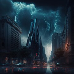Image of cityscape with sky, clouds and lightning created using generative ai technology