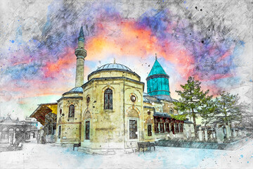 Mevlana museum  watercolor view in Konya